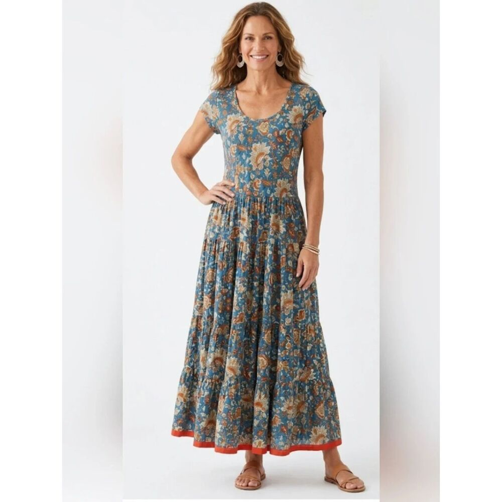 Soft Surroundings Maxi Dress Short Sleeve Round Neck Aqua Floral Boho Petite XL